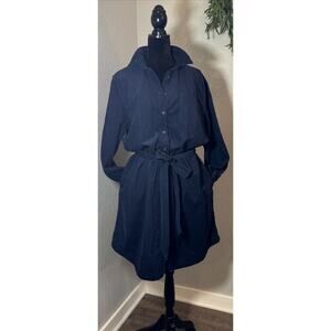 Navy Long Sleeve Corduroy Button Down Belted Dress Modest Teacher Officewear